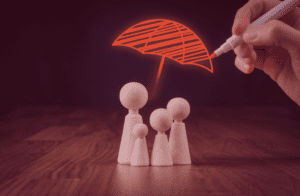 wooden family under umbrella having financial security from life insurance 